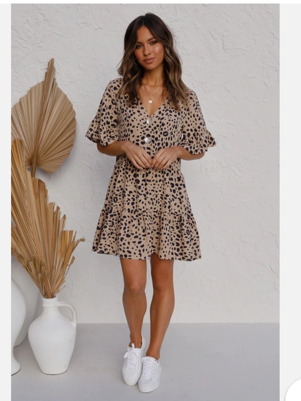 Leopard Print V-Neck Babydoll Top - Tan/Black